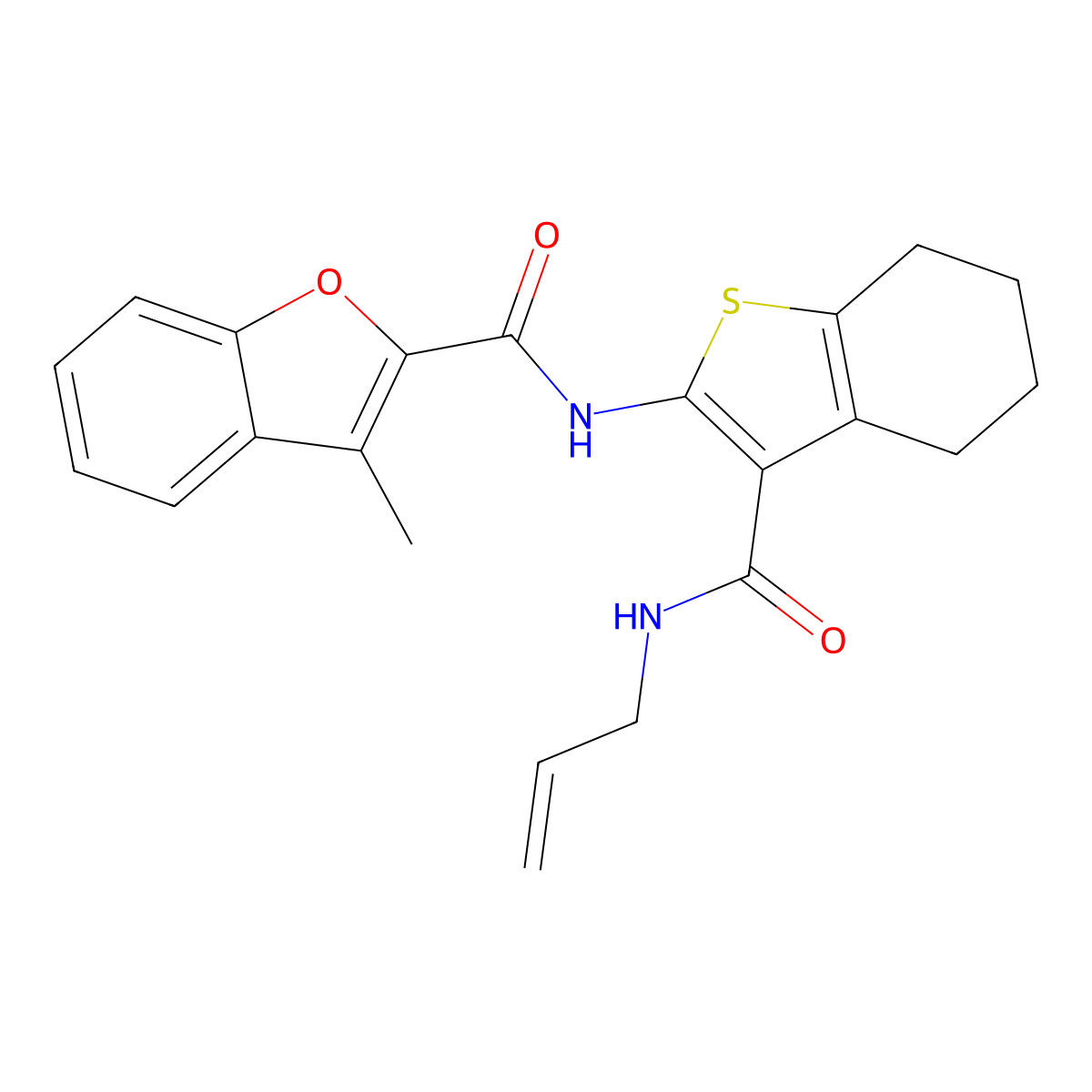 3-methyl-N-[3-(prop-2-enylcarbamoyl)-4,5,6,7-tetrahydro-1-benzothiophen-2-yl]-1-benzofuran-2-carboxamide molecular structure, CAS 690667-58-4