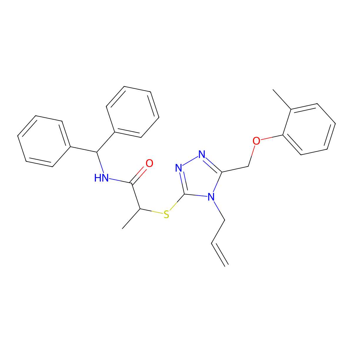 N-benzhydryl-2-[[5-[(2-methylphenoxy)methyl]-4-prop-2-enyl-1,2,4-triazol-3-yl]sulfanyl]propanamide molecular structure, CAS 690667-87-9