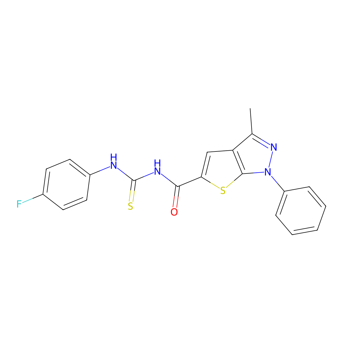 N-[(4-fluorophenyl)carbamothioyl]-3-methyl-1-phenylthieno[2,3-c]pyrazole-5-carboxamide molecular structure, CAS 690685-31-5