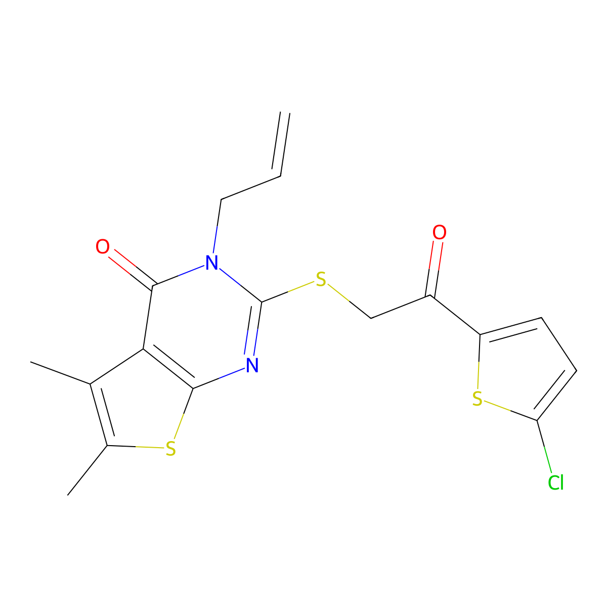 2-[2-(5-Chlorothiophen-2-yl)-2-oxoethyl]sulfanyl-5,6-dimethyl-3-prop-2-enylthieno[2,3-d]pyrimidin-4-one molecular structure, CAS 690688-19-8