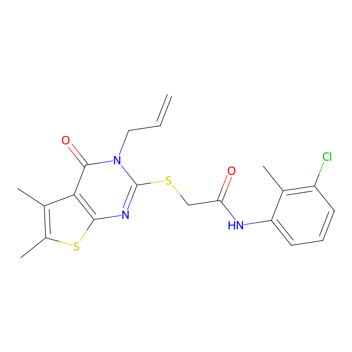 N-(3-chloro-2-methylphenyl)-2-(5,6-dimethyl-4-oxo-3-prop-2-enylthieno[2,3-d]pyrimidin-2-yl)sulfanylacetamide molecular structure, CAS 690689-06-6