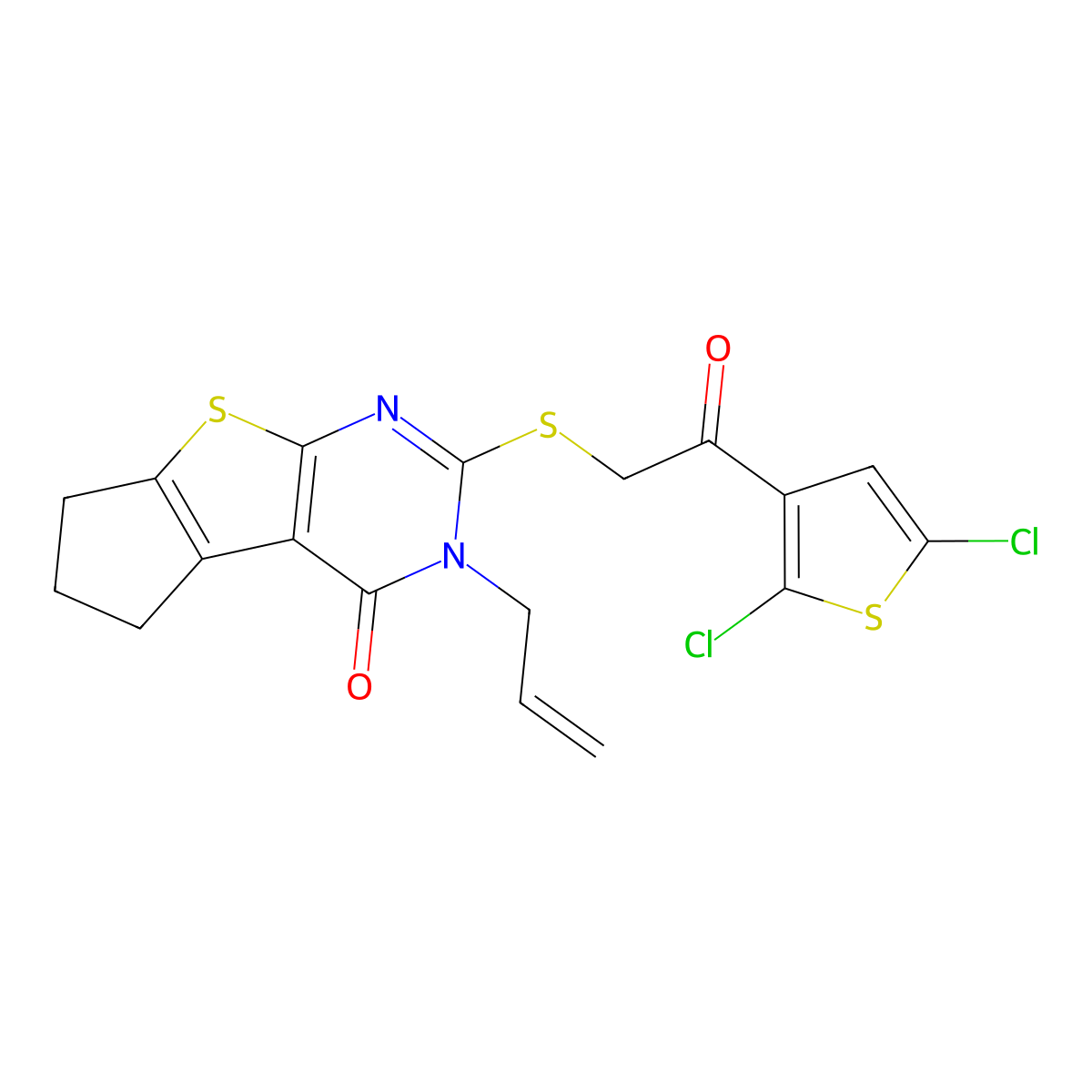 3-[2-(2,5-dichlorothiophen-3-yl)-2-oxoethyl]sulfanyl-2-prop-2-enyl-7,8-dihydro-6H-cyclopenta[2,3]thieno[2,4-b]pyrimidin-1-one molecular structure, CAS 690689-55-5