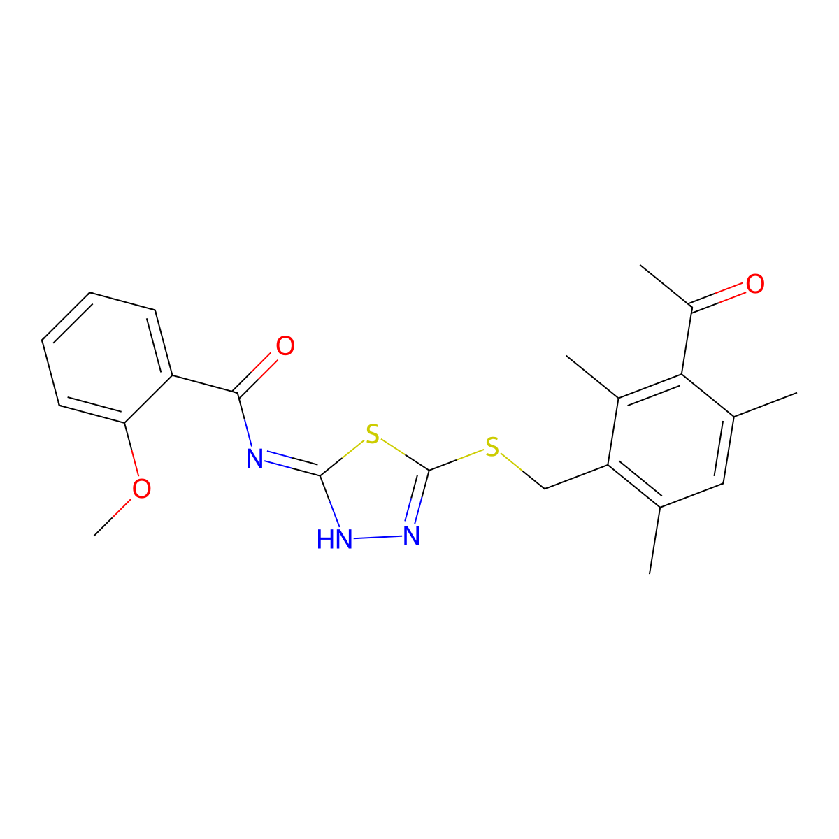 N-[5-[(3-acetyl-2,4,6-trimethylphenyl)methylsulfanyl]-1,3,4-thiadiazol-2-yl]-2-methoxybenzamide molecular structure, CAS 690692-44-5