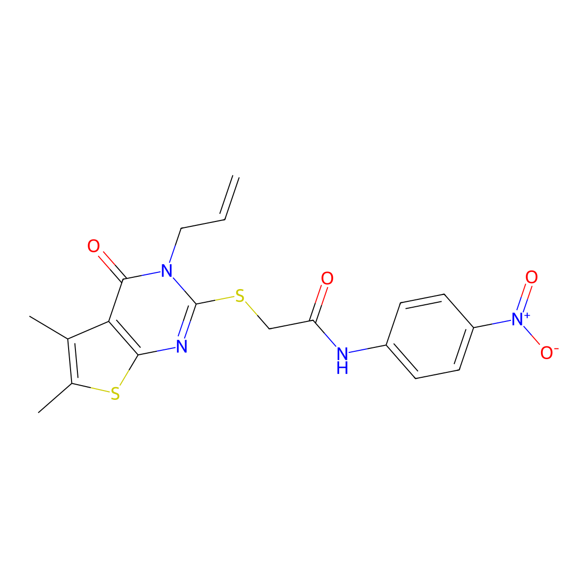 2-(5,6-dimethyl-4-oxo-3-prop-2-enylthieno[2,3-d]pyrimidin-2-yl)sulfanyl-N-(4-nitrophenyl)acetamide molecular structure, CAS 690692-82-1