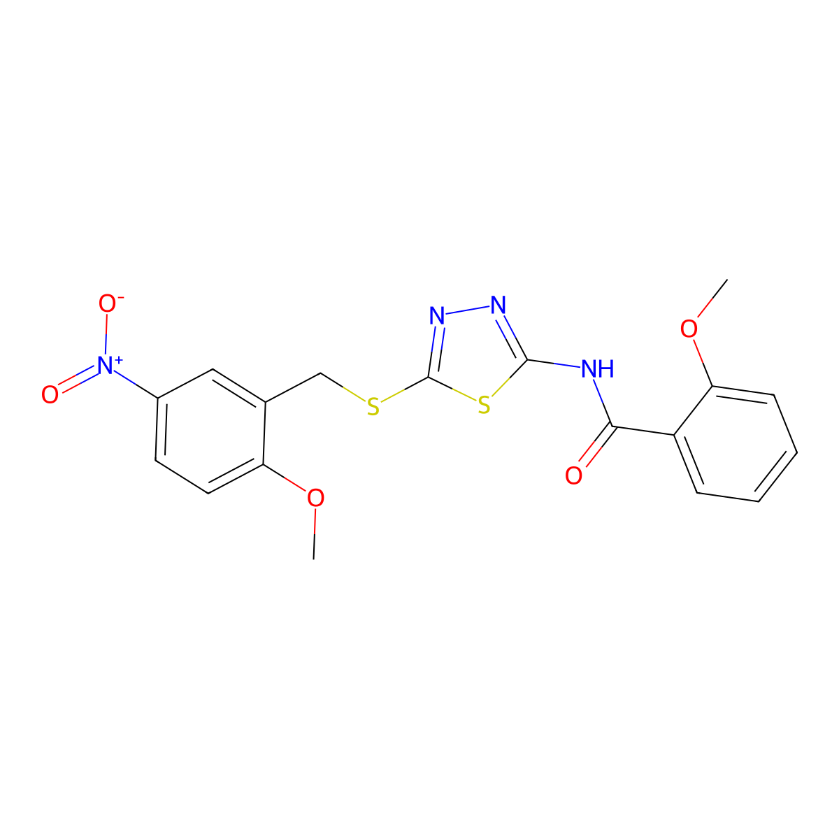 2-methoxy-N-[5-[(2-methoxy-5-nitrophenyl)methylsulfanyl]-1,3,4-thiadiazol-2-yl]benzamide molecular structure, CAS 690694-16-7