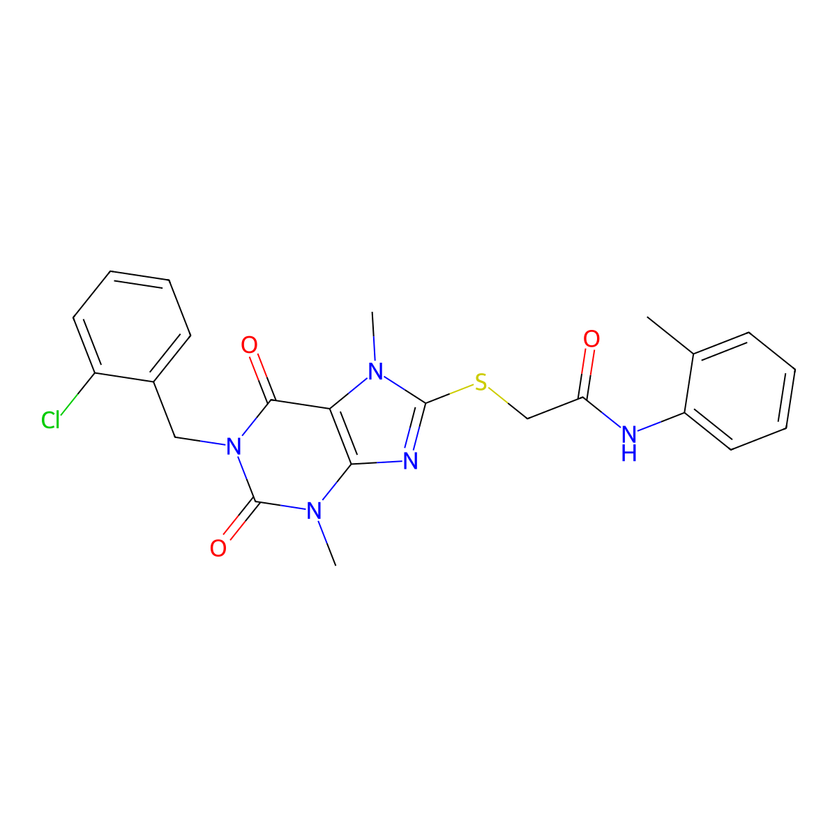 2-[1-[(2-chlorophenyl)methyl]-3,7-dimethyl-2,6-dioxopurin-8-yl]sulfanyl-N-(2-methylphenyl)acetamide molecular structure, CAS 690694-75-8