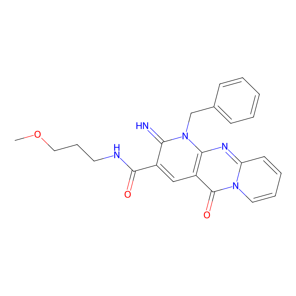 7-benzyl-6-imino-N-(3-methoxypropyl)-2-oxo-1,7,9-triazatricyclo[8.4.0.0^{3,8}]tetradeca-3(8),4,9,11,13-pentaene-5-carboxamide molecular structure, CAS 690696-89-0