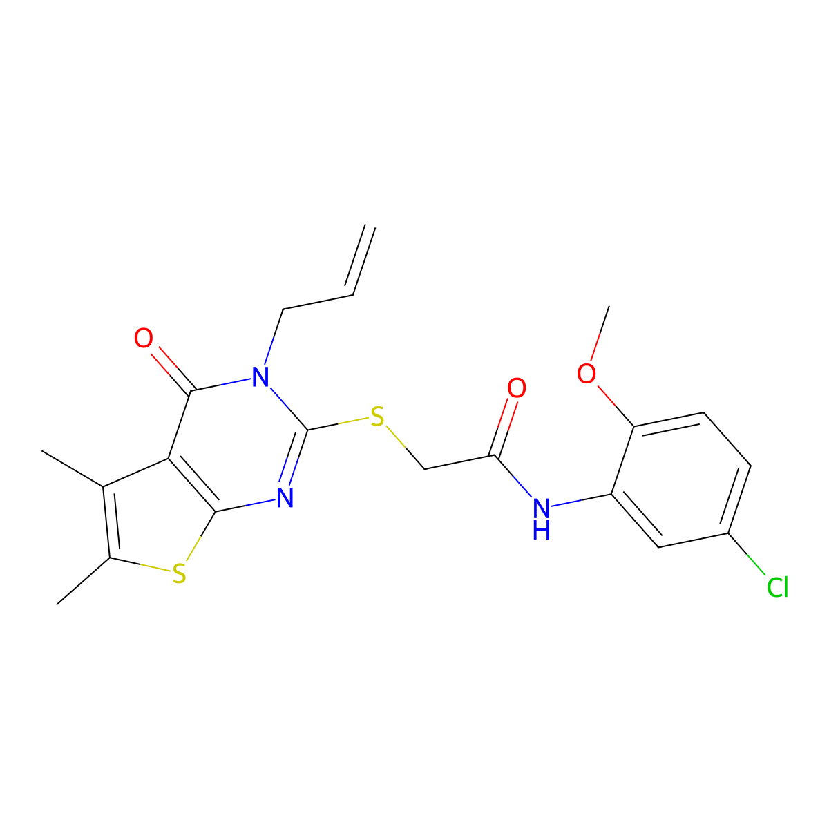 N-(5-chloro-2-methoxyphenyl)-2-(5,6-dimethyl-4-oxo-3-prop-2-enylthieno[2,3-d]pyrimidin-2-yl)sulfanylacetamide molecular structure, CAS 690697-17-7