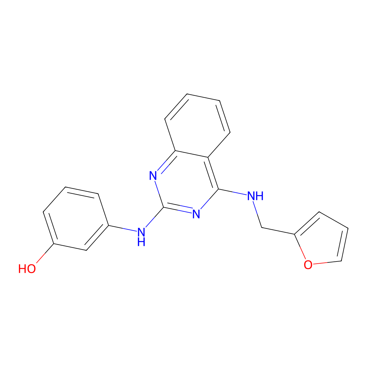 3-[[4-(Furan-2-ylmethylamino)quinazolin-2-yl]amino]phenol molecular structure, CAS 690697-43-9