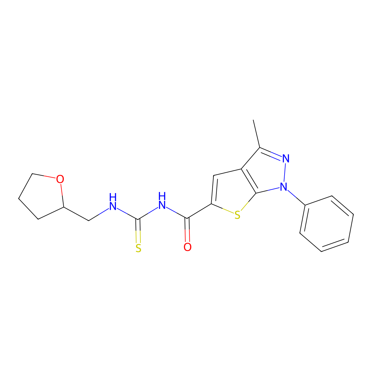 3-methyl-N-(oxolan-2-ylmethylcarbamothioyl)-1-phenylthieno[2,3-c]pyrazole-5-carboxamide molecular structure, CAS 690697-50-8