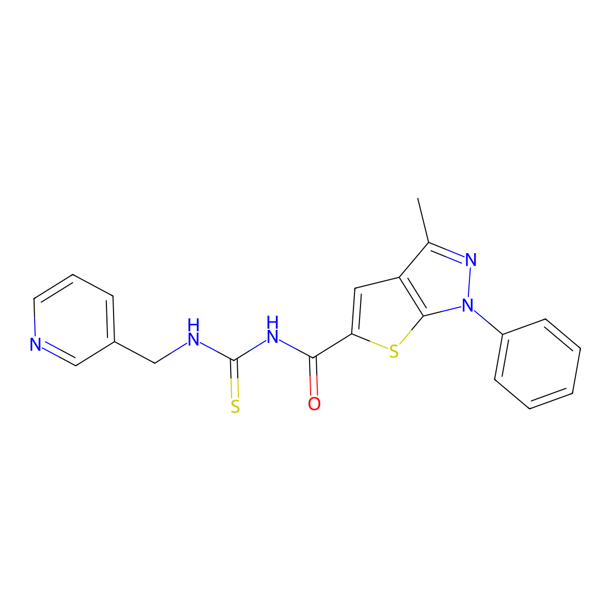 3-methyl-1-phenyl-N-(pyridin-3-ylmethylcarbamothioyl)thieno[2,3-c]pyrazole-5-carboxamide molecular structure, CAS 690702-50-2