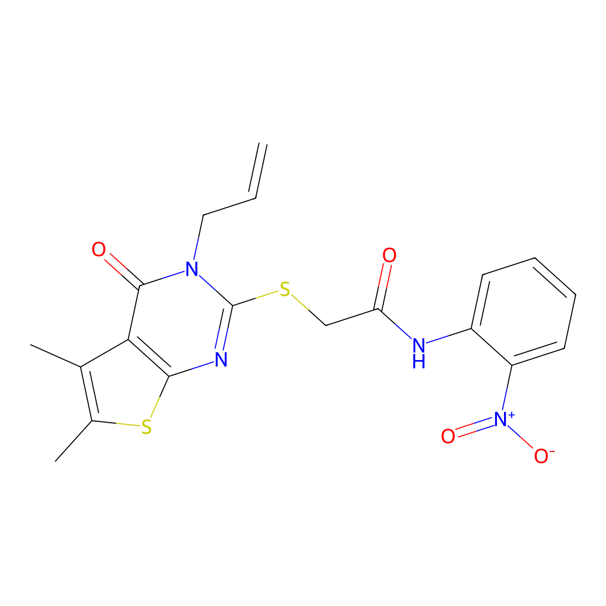 2-(5,6-dimethyl-4-oxo-3-prop-2-enylthieno[2,3-d]pyrimidin-2-yl)sulfanyl-N-(2-nitrophenyl)acetamide molecular structure, CAS 690705-29-4