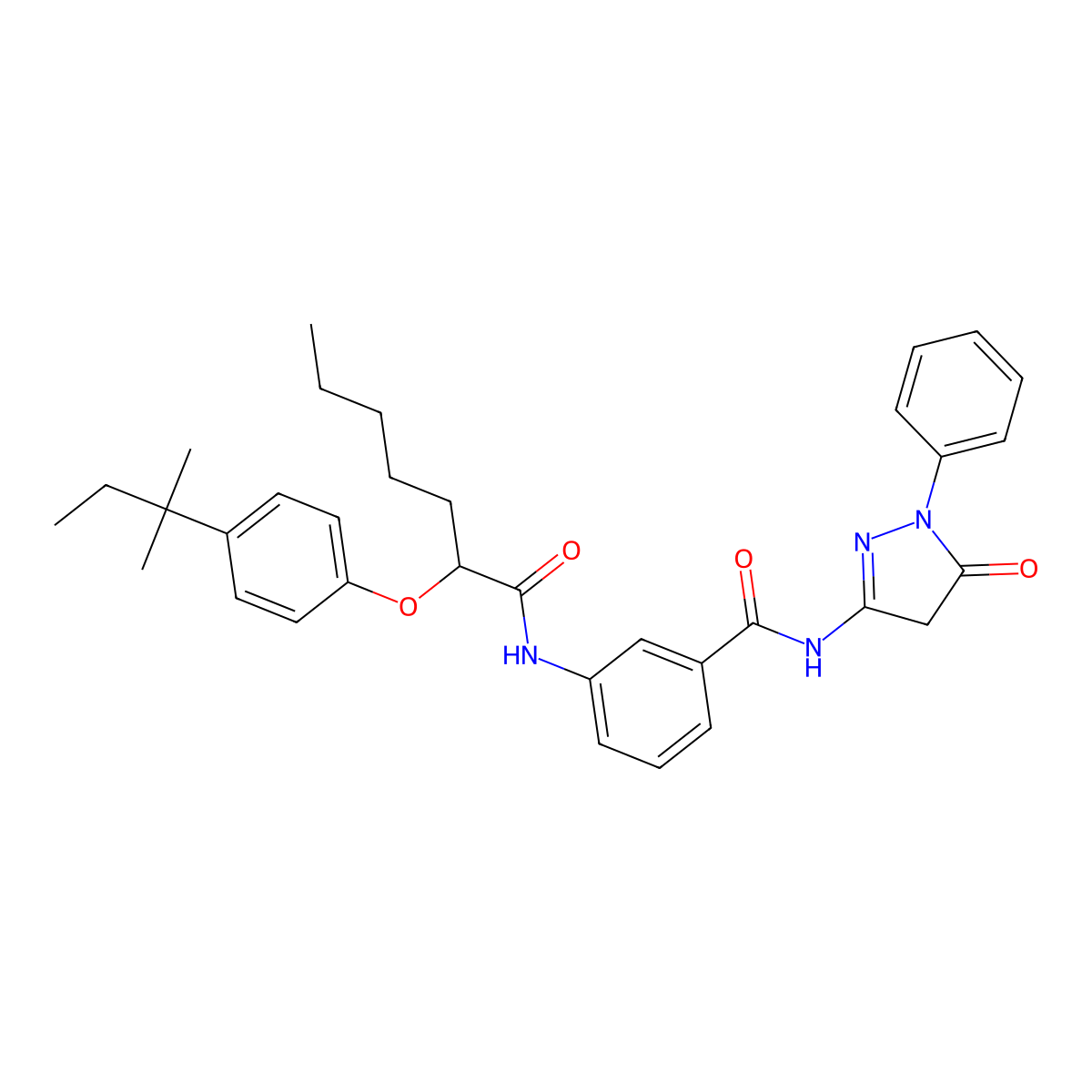 3-[2-[4-(2-methylbutan-2-yl)phenoxy]heptanoylamino]-N-(5-oxo-1-phenyl-4H-pyrazol-3-yl)benzamide molecular structure, CAS 69080-99-5