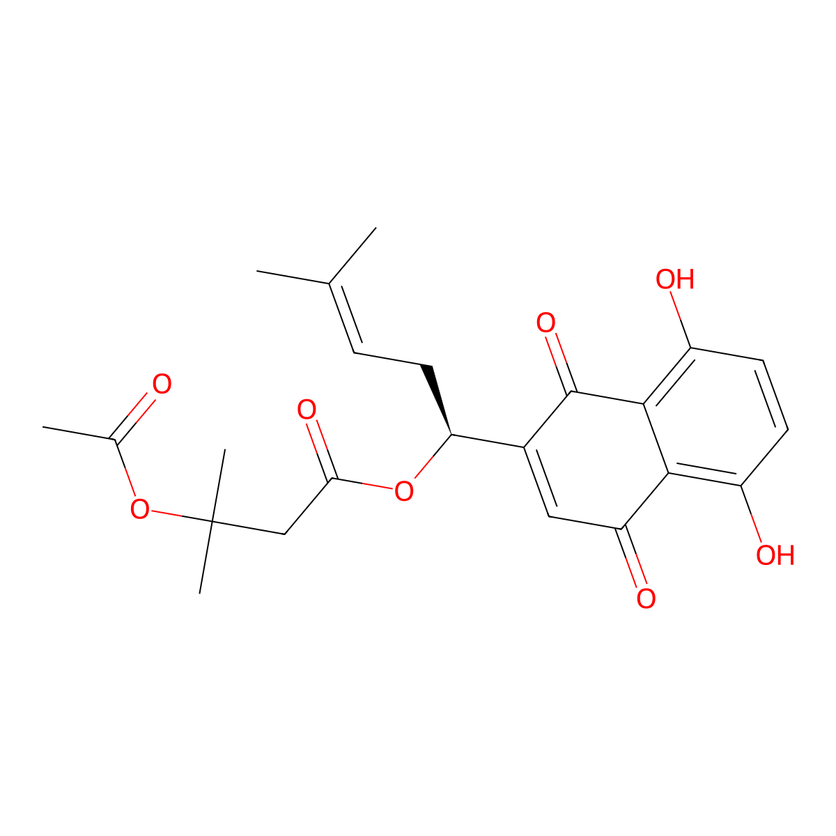 Butanoic acid, 3-(acetyloxy)-3-methyl-, 1-(1,4-dihydro-5,8-dihydroxy-1,4-dioxo-2-naphthalenyl)-4-methyl-3-pentenyl ester, (S)- molecular structure, CAS 69091-17-4