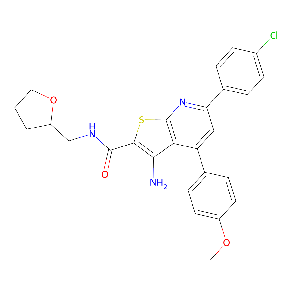 3-amino-6-(4-chlorophenyl)-4-(4-methoxyphenyl)-N-((tetrahydrofuran-2-yl)methyl)thieno[2,3-b]pyridine-2-carboxamide molecular structure, CAS 690959-95-6