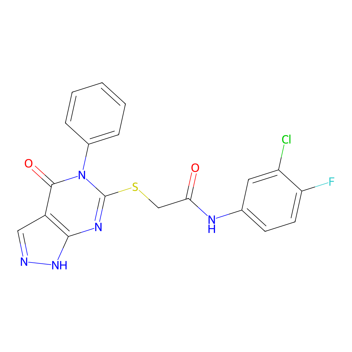 N-(3-chloro-4-fluorophenyl)-2-({4-oxo-5-phenyl-1H,4H,5H-pyrazolo[3,4-d]pyrimidin-6-yl}sulfanyl)acetamide molecular structure, CAS 690960-20-4