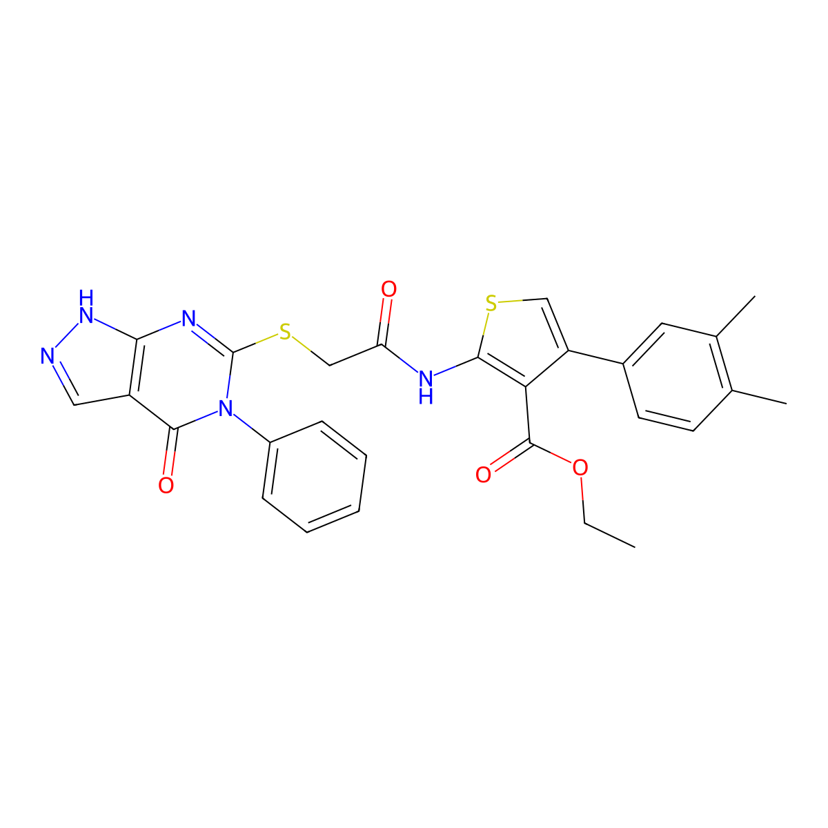 ethyl 4-(3,4-dimethylphenyl)-2-[[2-[(4-oxo-5-phenyl-1H-pyrazolo[3,4-d]pyrimidin-6-yl)sulfanyl]acetyl]amino]thiophene-3-carboxylate molecular structure, CAS 690960-22-6