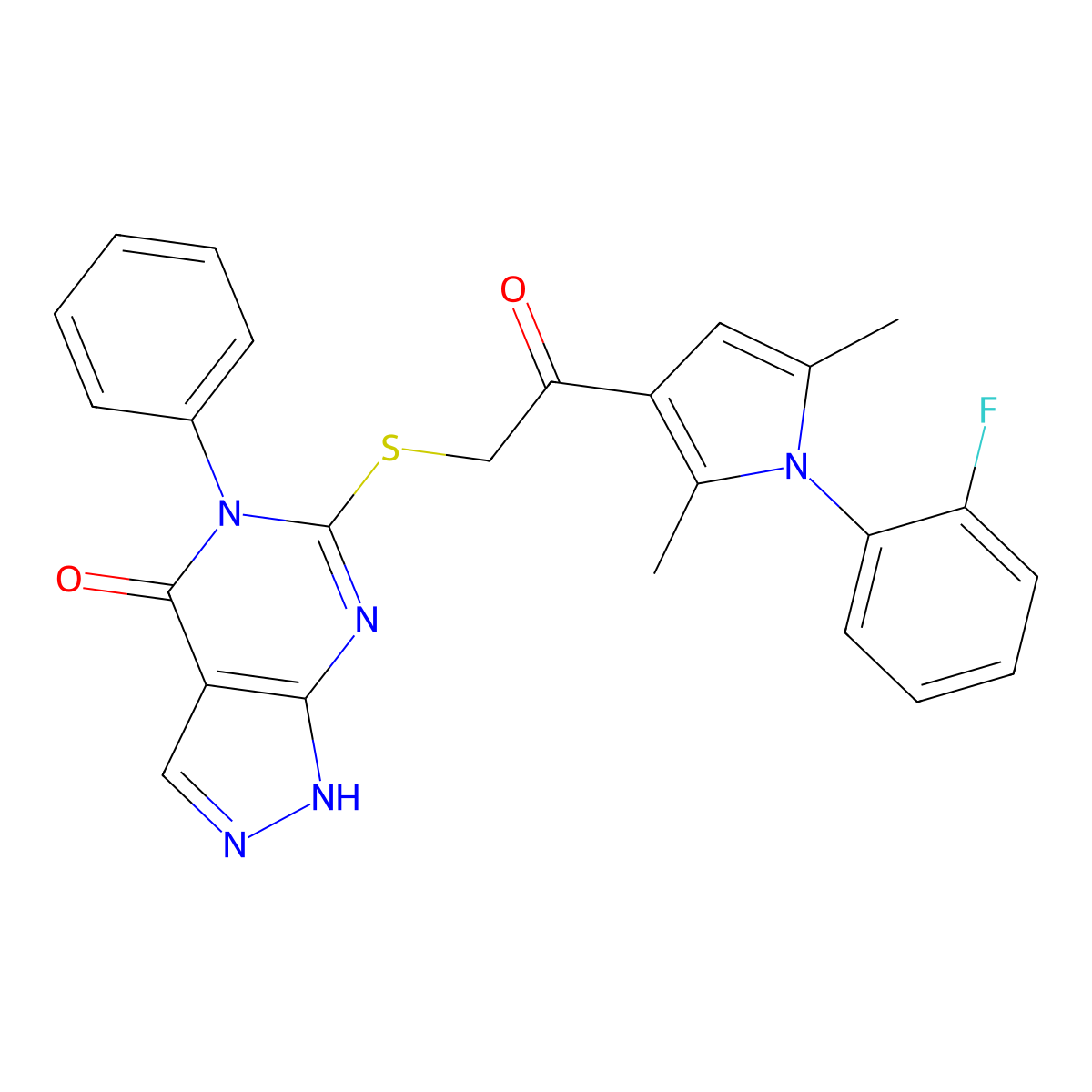 6-[2-[1-(2-fluorophenyl)-2,5-dimethylpyrrol-3-yl]-2-oxoethyl]sulfanyl-5-phenyl-1H-pyrazolo[3,4-d]pyrimidin-4-one molecular structure, CAS 690960-30-6