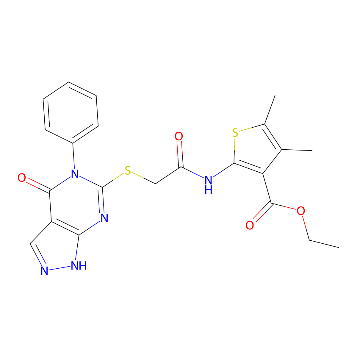 ethyl 4,5-dimethyl-2-[[2-[(4-oxo-5-phenyl-1H-pyrazolo[3,4-d]pyrimidin-6-yl)sulfanyl]acetyl]amino]thiophene-3-carboxylate molecular structure, CAS 690960-32-8