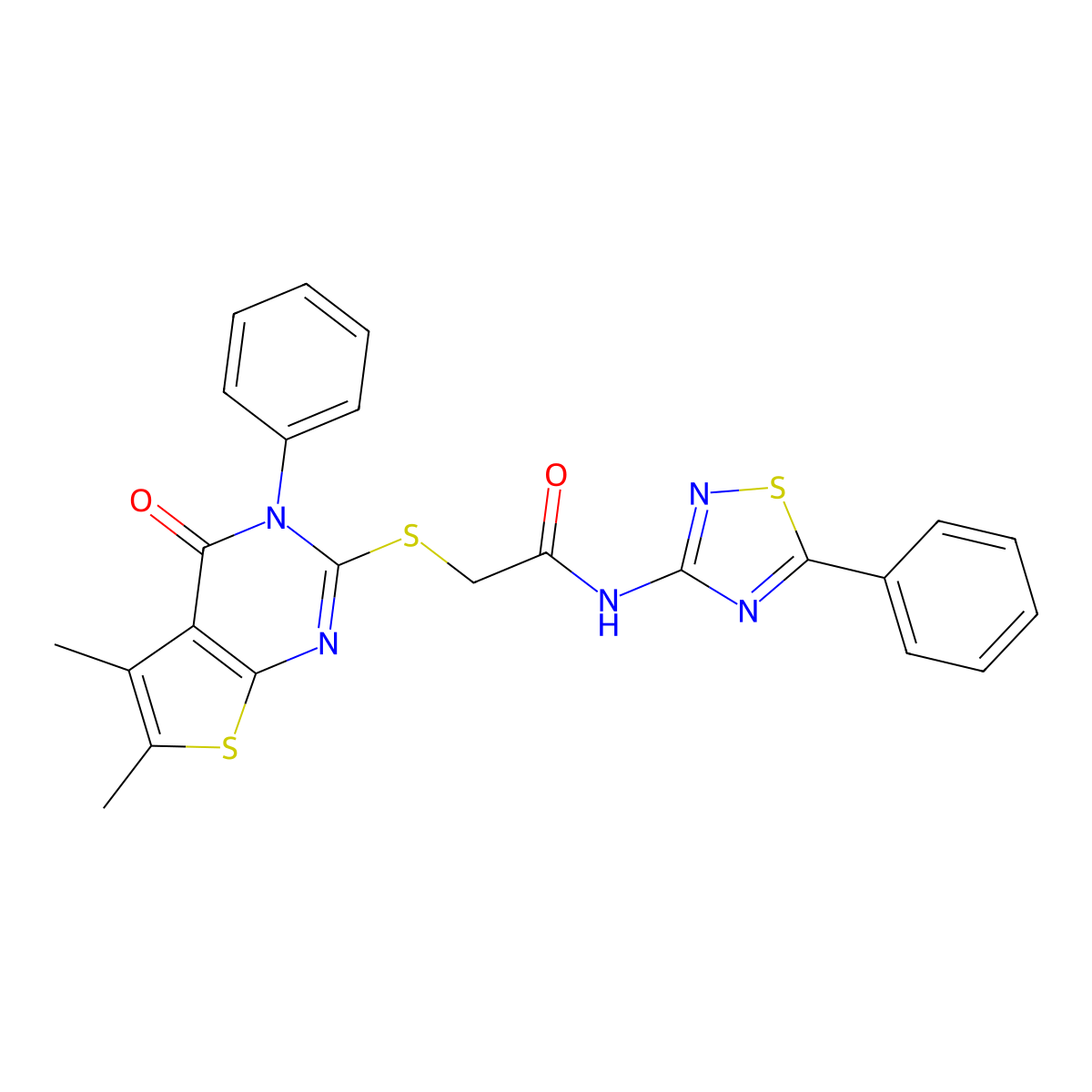 2-(5,6-dimethyl-4-oxo-3-phenylthieno[2,3-d]pyrimidin-2-yl)sulfanyl-N-(5-phenyl-1,2,4-thiadiazol-3-yl)acetamide molecular structure, CAS 690960-33-9
