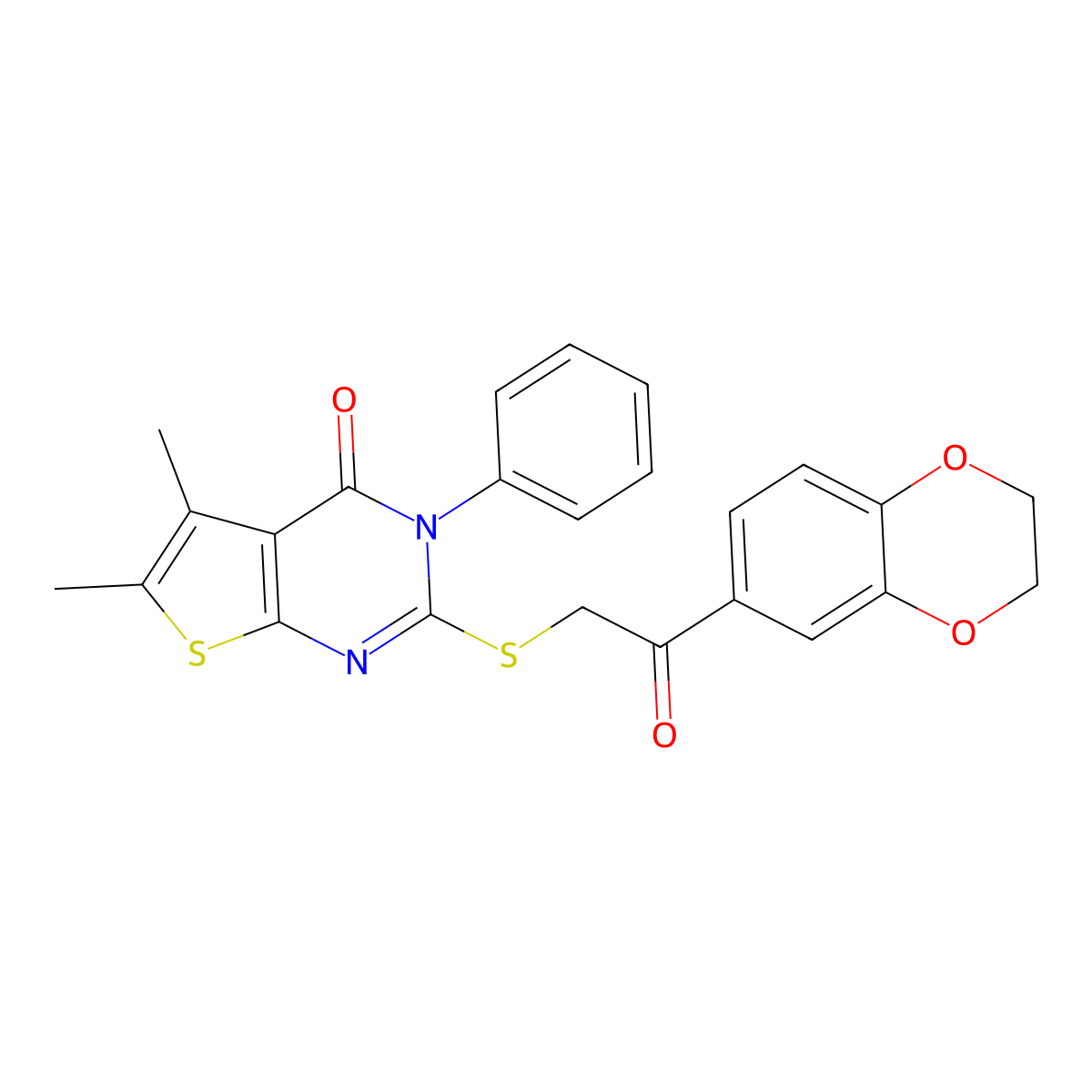 2-((2-(2,3-dihydrobenzo[b][1,4]dioxin-6-yl)-2-oxoethyl)thio)-5,6-dimethyl-3-phenylthieno[2,3-d]pyrimidin-4(3H)-one molecular structure, CAS 690960-35-1