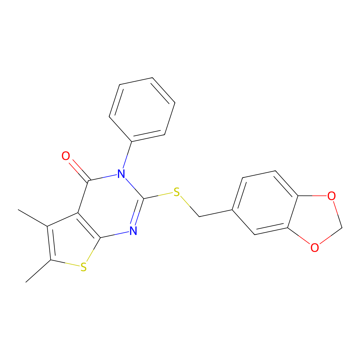 2-((benzo[d][1,3]dioxol-5-ylmethyl)thio)-5,6-dimethyl-3-phenylthieno[2,3-d]pyrimidin-4(3H)-one molecular structure, CAS 690960-37-3