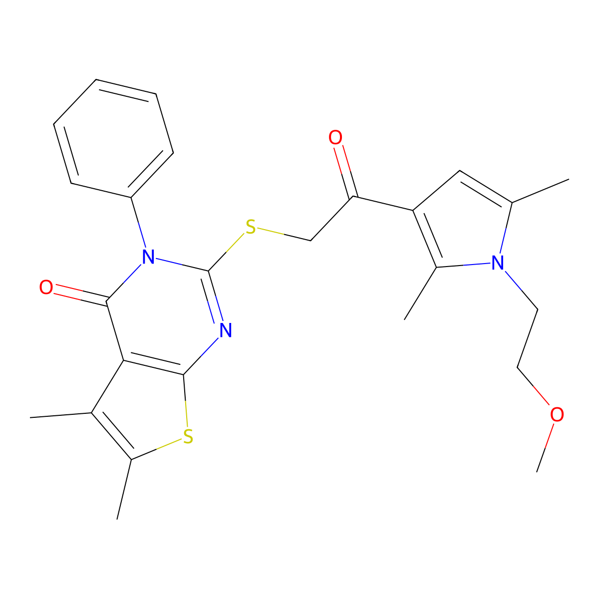 2-[2-[1-(2-Methoxyethyl)-2,5-dimethylpyrrol-3-yl]-2-oxoethyl]sulfanyl-5,6-dimethyl-3-phenylthieno[2,3-d]pyrimidin-4-one molecular structure, CAS 690960-40-8
