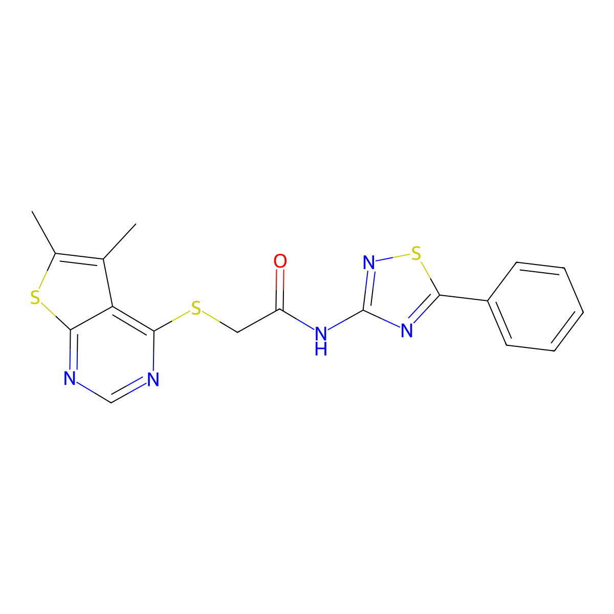 2-(5,6-dimethylthieno[2,3-d]pyrimidin-4-yl)sulfanyl-N-(5-phenyl-1,2,4-thiadiazol-3-yl)acetamide molecular structure, CAS 690960-43-1