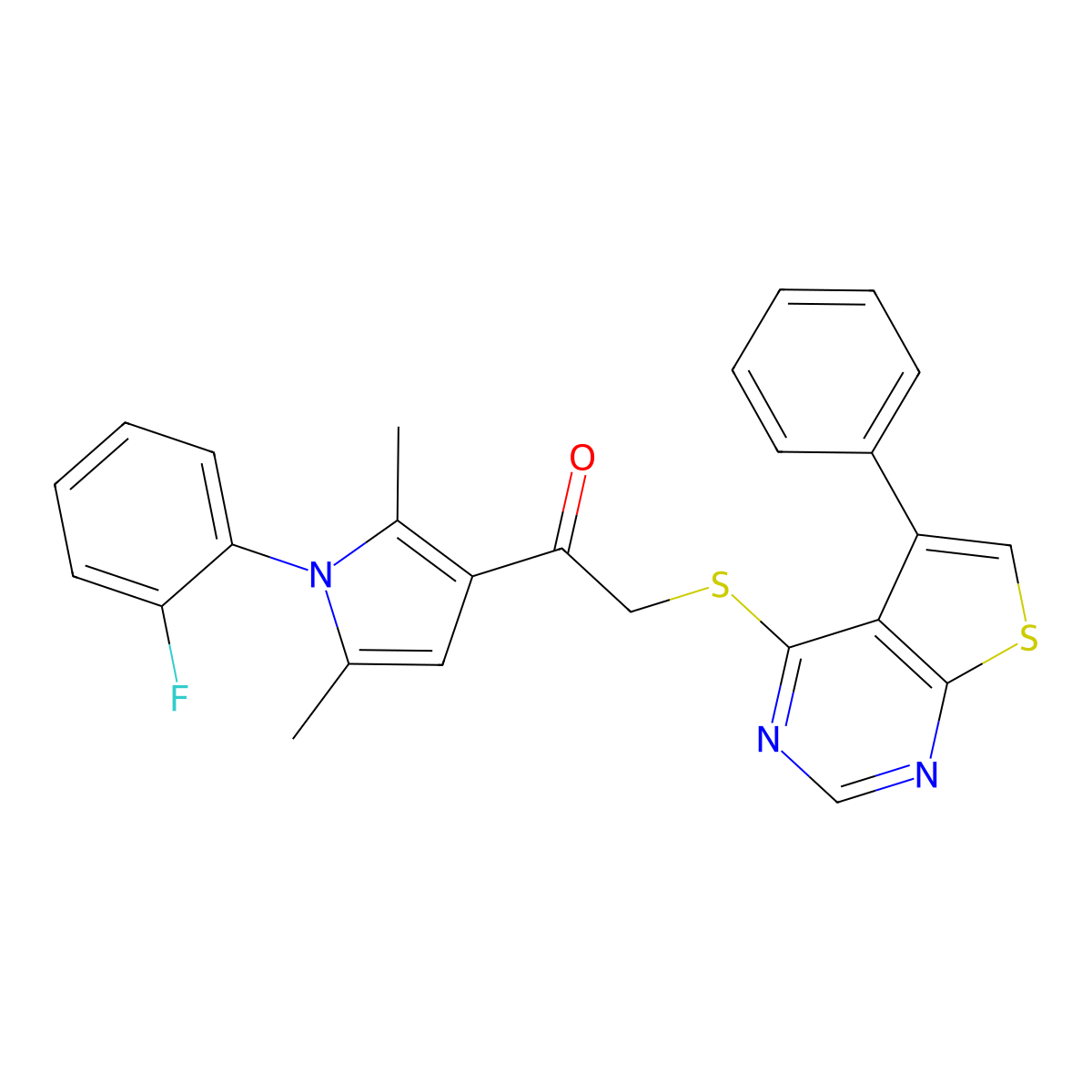 1-[1-(2-Fluorophenyl)-2,5-dimethylpyrrol-3-yl]-2-(5-phenylthieno[2,3-d]pyrimidin-4-yl)sulfanylethanone molecular structure, CAS 690960-65-7
