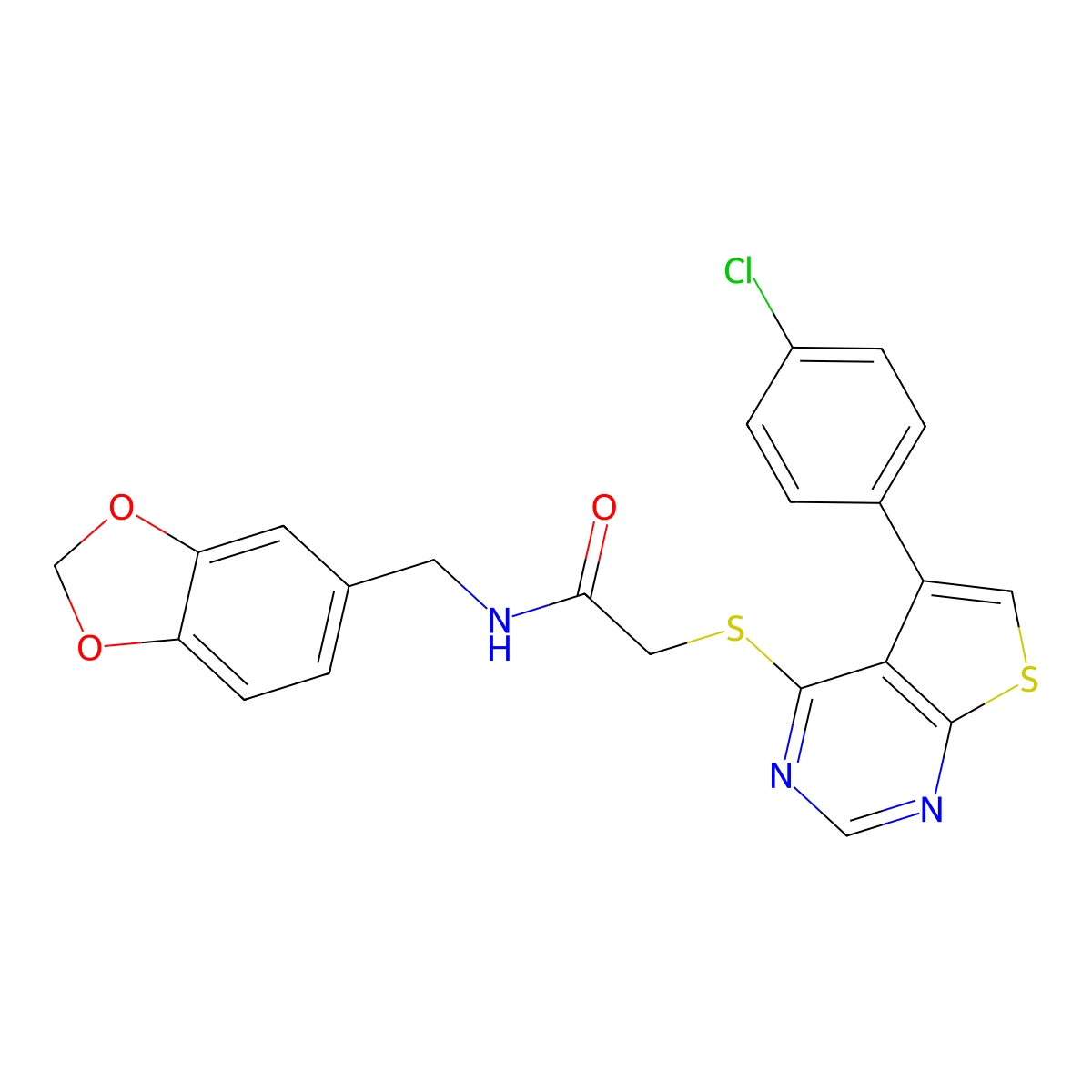 N-(1,3-benzodioxol-5-ylmethyl)-2-{[5-(4-chlorophenyl)thieno[2,3-d]pyrimidin-4-yl]thio}acetamide molecular structure, CAS 690960-70-4