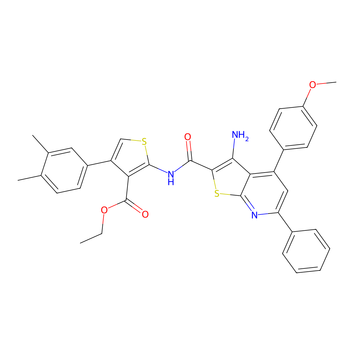Ethyl 2-(3-amino-4-(4-methoxyphenyl)-6-phenylthieno[2,3-b]pyridine-2-carboxamido)-4-(3,4-dimethylphenyl)thiophene-3-carboxylate molecular structure, CAS 690960-88-4
