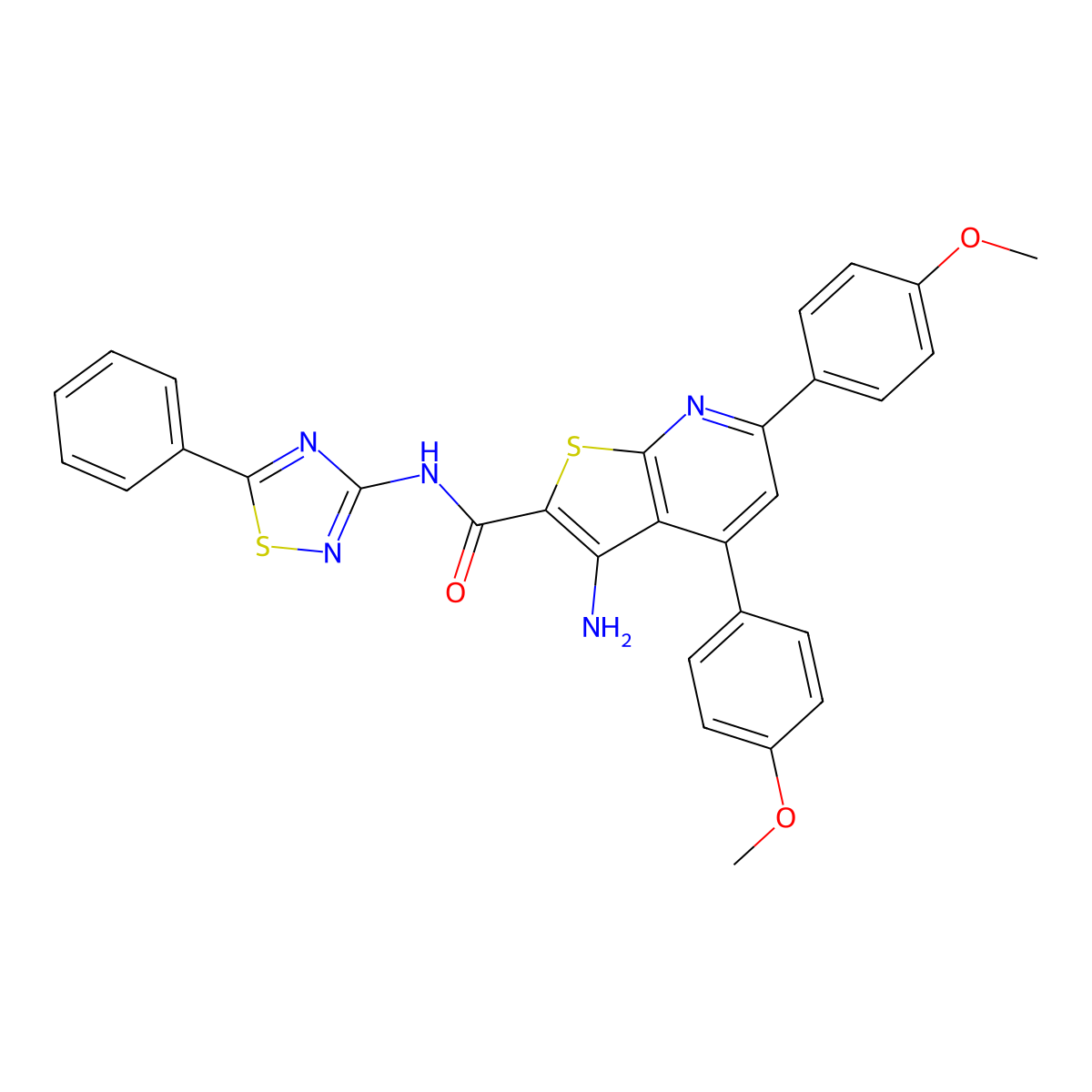 3-amino-4,6-bis(4-methoxyphenyl)-N-(5-phenyl-1,2,4-thiadiazol-3-yl)thieno[2,3-b]pyridine-2-carboxamide molecular structure, CAS 690960-96-4