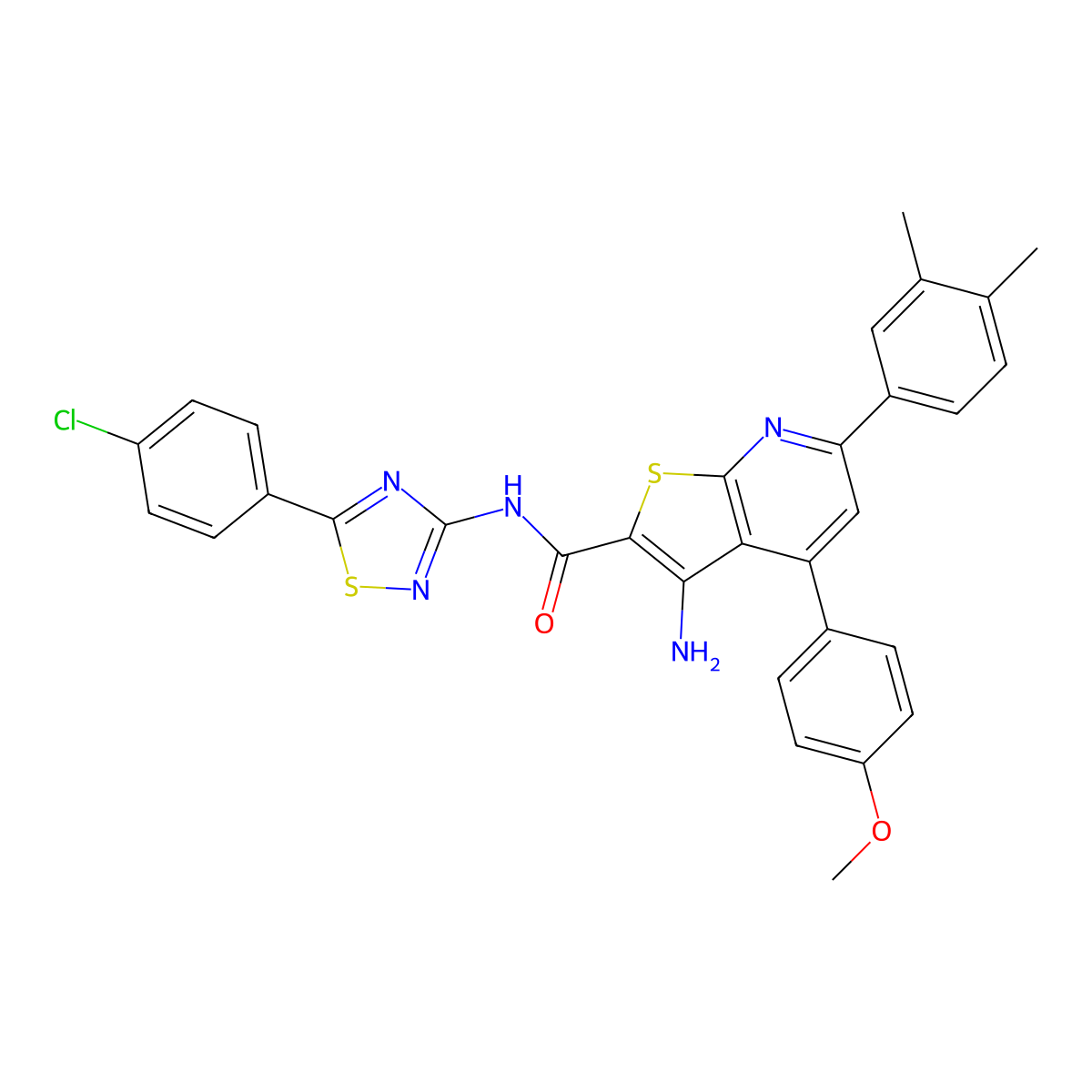 3-amino-N-[5-(4-chlorophenyl)-1,2,4-thiadiazol-3-yl]-6-(3,4-dimethylphenyl)-4-(4-methoxyphenyl)thieno[2,3-b]pyridine-2-carboxamide molecular structure, CAS 690961-03-6