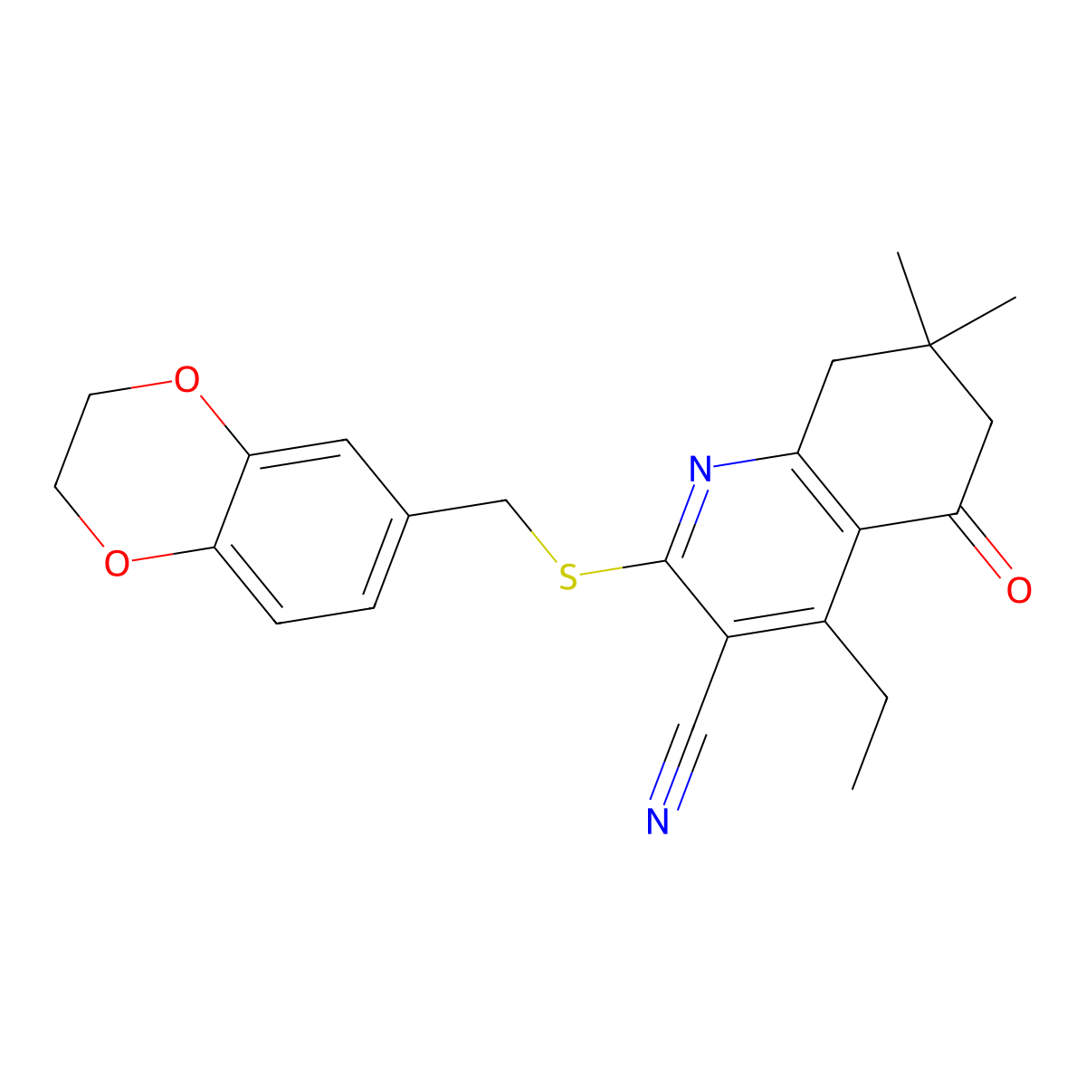 2-(2,3-Dihydro-1,4-benzodioxin-6-ylmethylsulfanyl)-4-ethyl-7,7-dimethyl-5-oxo-6,8-dihydroquinoline-3-carbonitrile molecular structure, CAS 690961-21-8