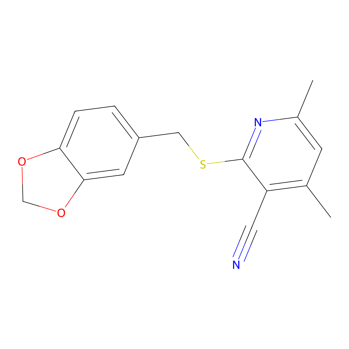 2-[(1,3-Benzodioxol-5-ylmethyl)thio]-4,6-dimethylnicotinonitrile molecular structure, CAS 690961-38-7