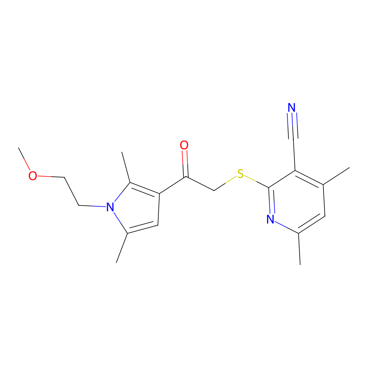 2-((2-(1-(2-methoxyethyl)-2,5-dimethyl-1H-pyrrol-3-yl)-2-oxoethyl)thio)-4,6-dimethylnicotinonitrile molecular structure, CAS 690961-43-4