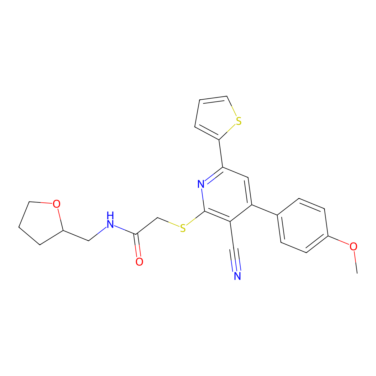 2-{[3-cyano-4-(4-methoxyphenyl)-6-(thiophen-2-yl)pyridin-2-yl]sulfanyl}-N-[(oxolan-2-yl)methyl]acetamide molecular structure, CAS 690961-47-8