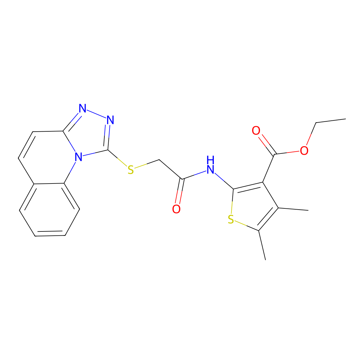 Ethyl 4,5-dimethyl-2-(2-{[1,2,4]triazolo[4,3-a]quinolin-1-ylsulfanyl}acetamido)thiophene-3-carboxylate molecular structure, CAS 690961-58-1