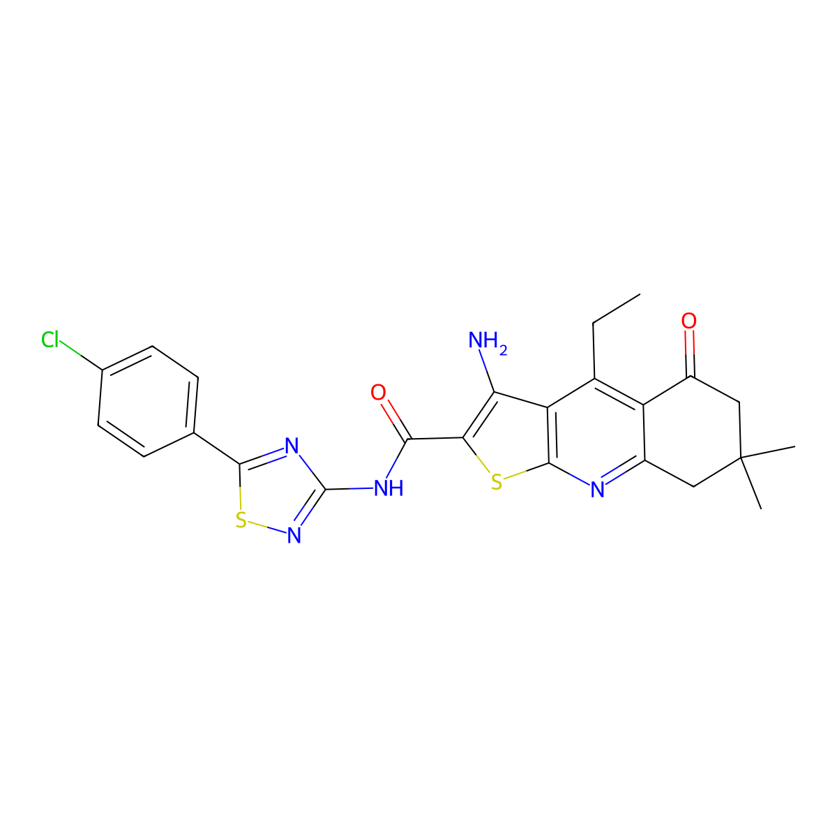 3-amino-N-[5-(4-chlorophenyl)-1,2,4-thiadiazol-3-yl]-4-ethyl-7,7-dimethyl-5-oxo-6,8-dihydrothieno[2,3-b]quinoline-2-carboxamide molecular structure, CAS 690961-83-2