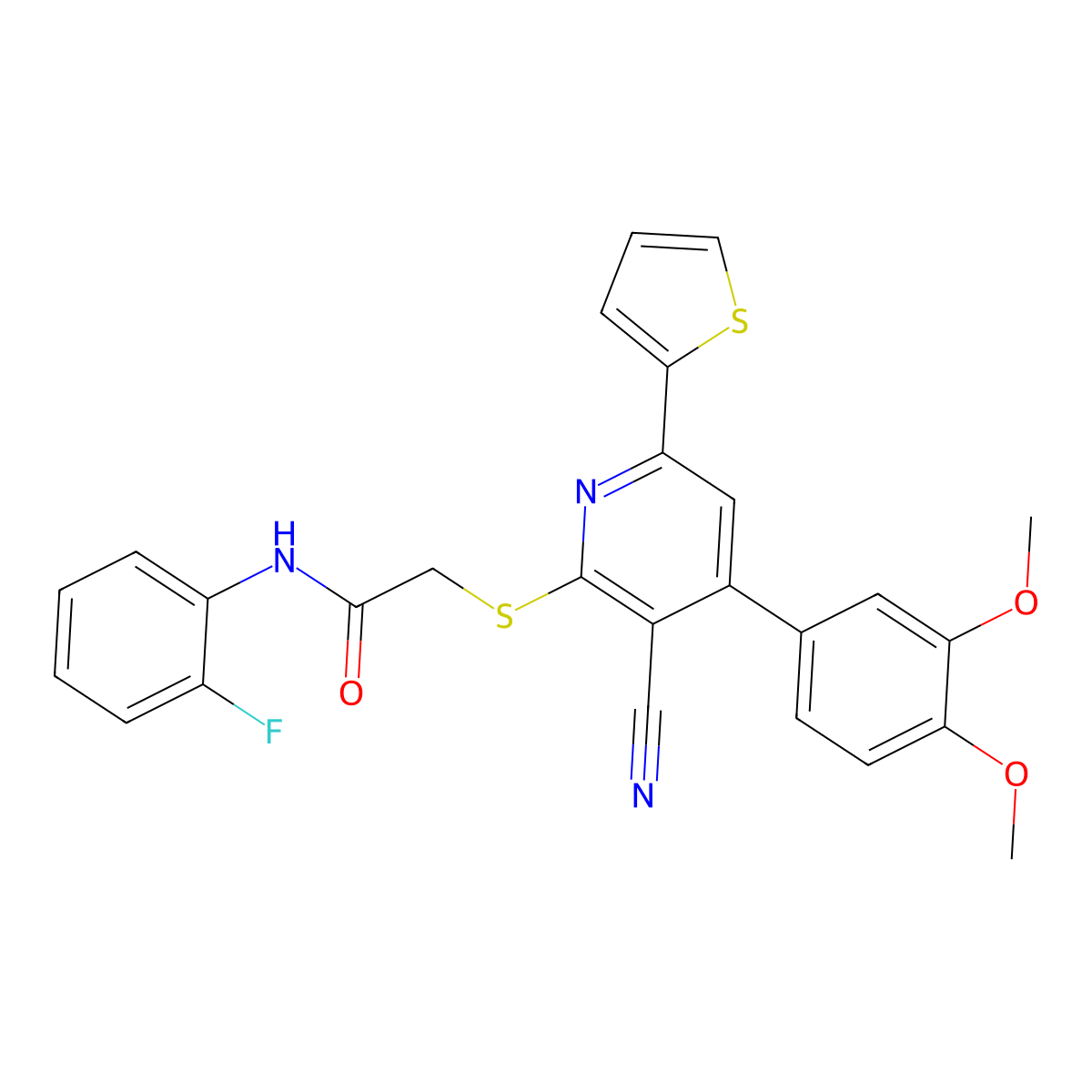 2-[3-cyano-4-(3,4-dimethoxyphenyl)-6-thiophen-2-ylpyridin-2-yl]sulfanyl-N-(2-fluorophenyl)acetamide molecular structure, CAS 690961-85-4