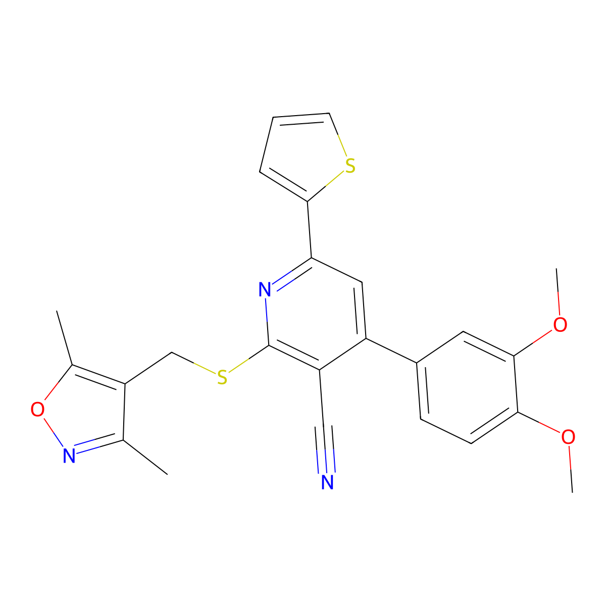 4-(3,4-Dimethoxyphenyl)-2-{[(3,5-dimethyl-1,2-oxazol-4-yl)methyl]sulfanyl}-6-(thiophen-2-yl)pyridine-3-carbonitrile molecular structure, CAS 690961-87-6