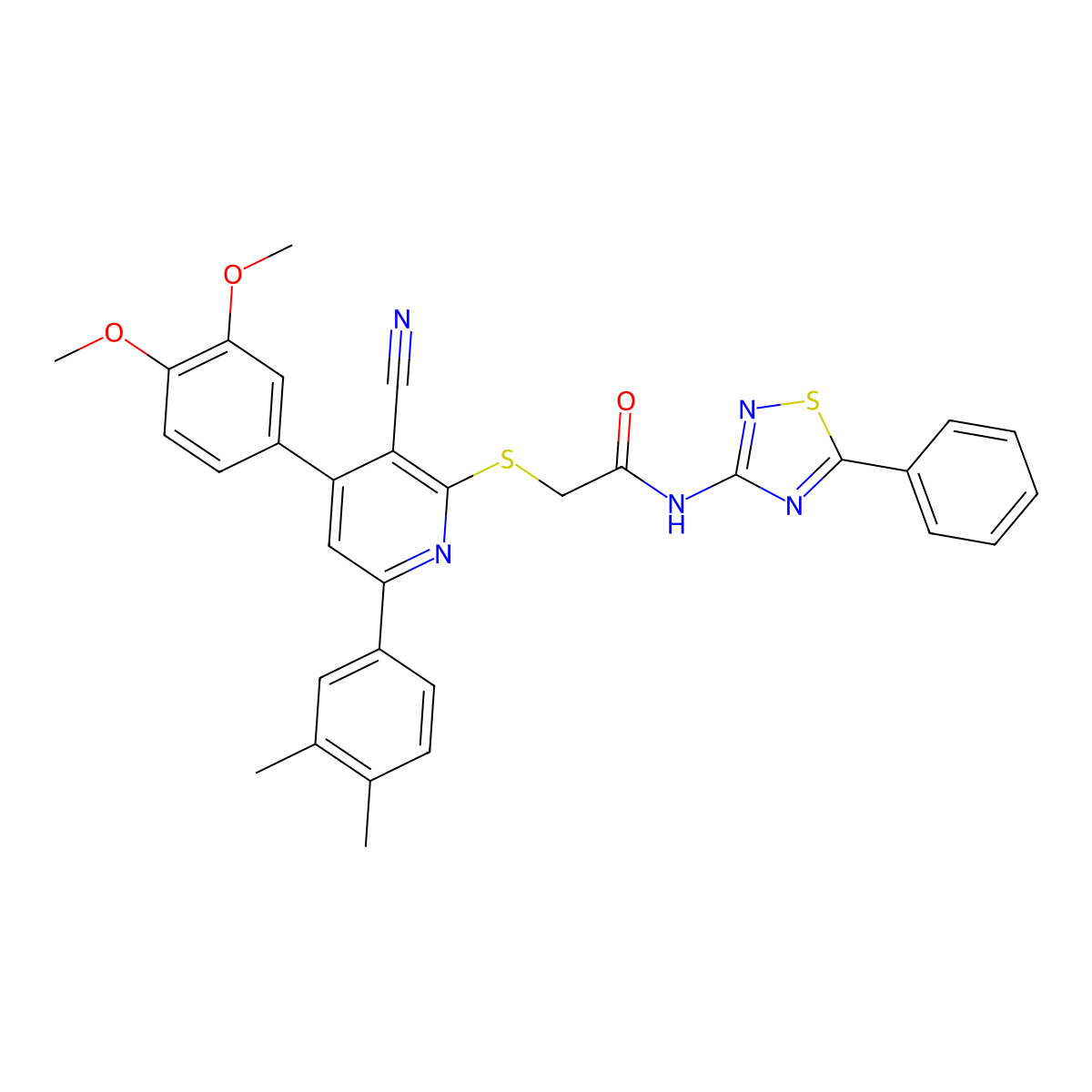 2-[3-cyano-4-(3,4-dimethoxyphenyl)-6-(3,4-dimethylphenyl)pyridin-2-yl]sulfanyl-N-(5-phenyl-1,2,4-thiadiazol-3-yl)acetamide molecular structure, CAS 690961-91-2