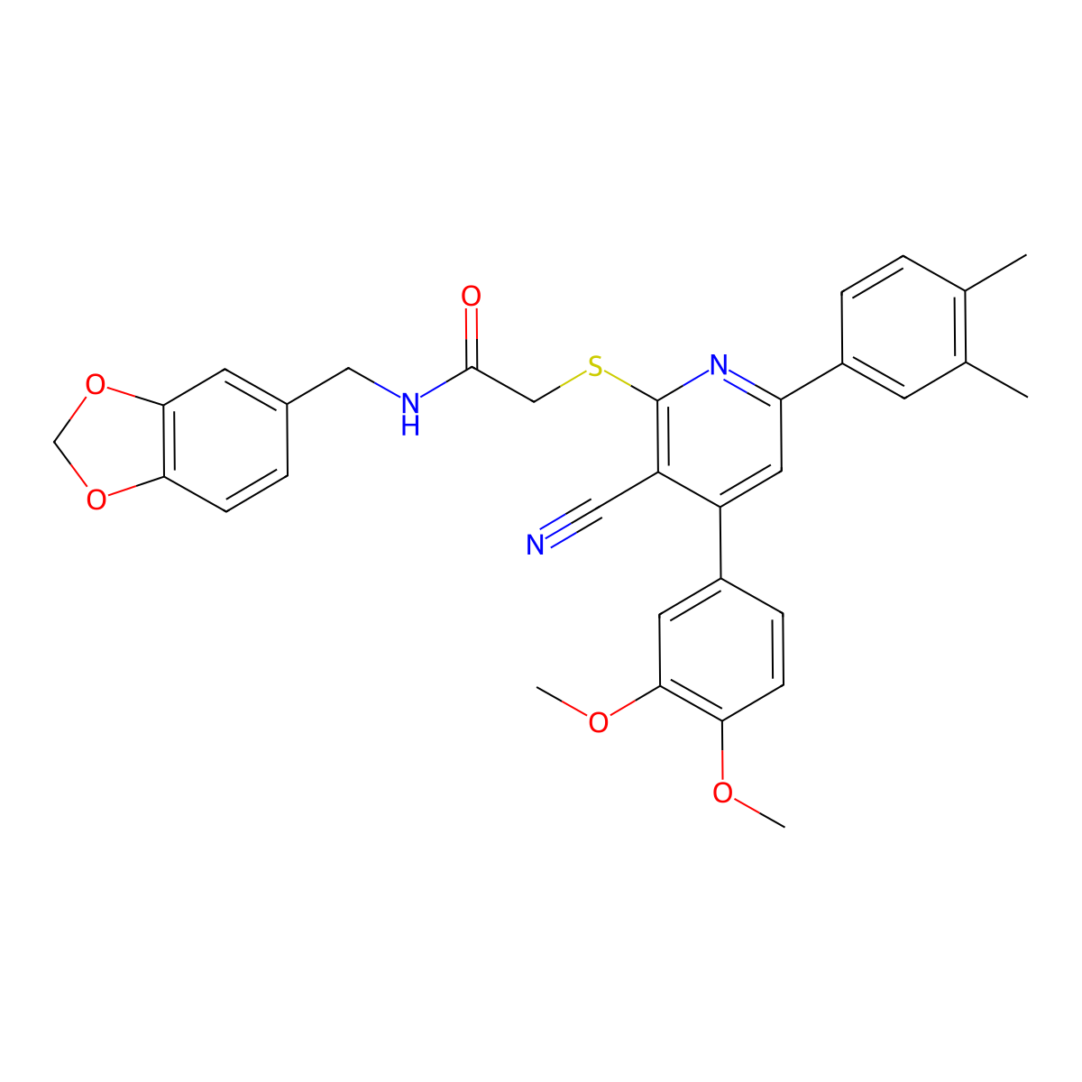 N-(1,3-benzodioxol-5-ylmethyl)-2-[3-cyano-4-(3,4-dimethoxyphenyl)-6-(3,4-dimethylphenyl)pyridin-2-yl]sulfanylacetamide molecular structure, CAS 690961-92-3