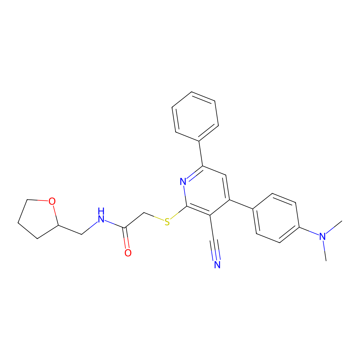 2-((3-cyano-4-(4-(dimethylamino)phenyl)-6-phenylpyridin-2-yl)thio)-N-((tetrahydrofuran-2-yl)methyl)acetamide molecular structure, CAS 690961-93-4
