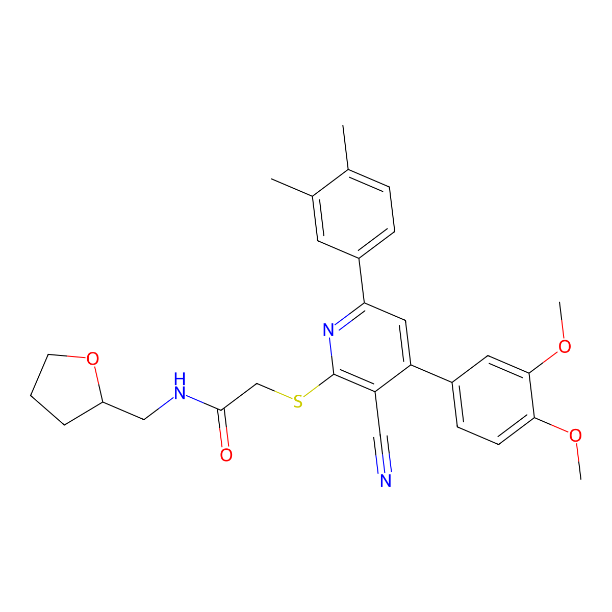 2-((3-cyano-4-(3,4-dimethoxyphenyl)-6-(3,4-dimethylphenyl)pyridin-2-yl)thio)-N-((tetrahydrofuran-2-yl)methyl)acetamide molecular structure, CAS 690961-94-5