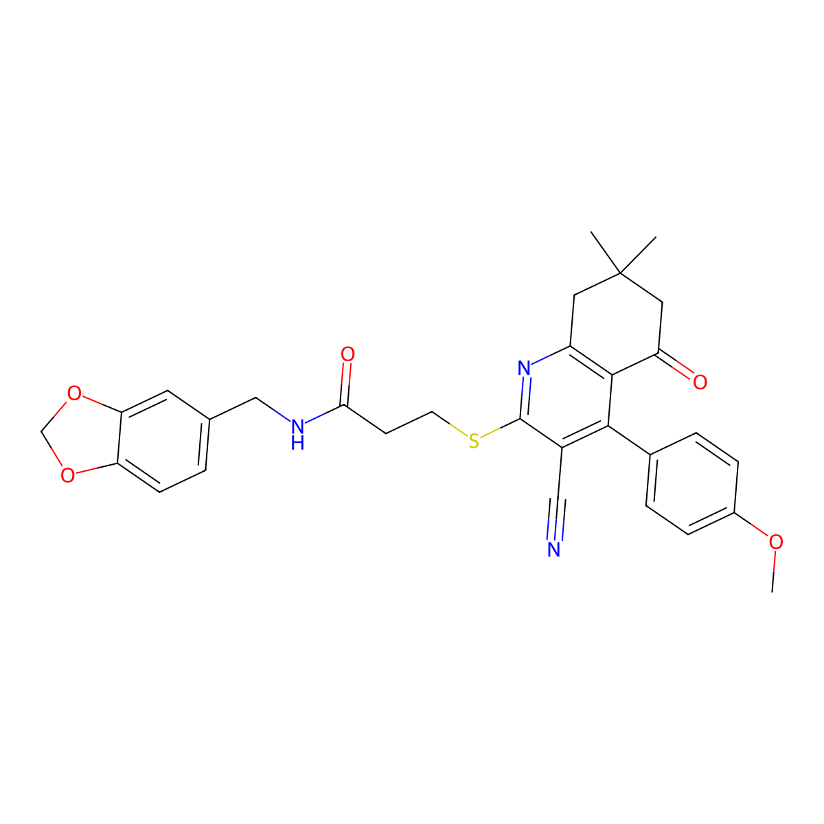 N-(1,3-benzodioxol-5-ylmethyl)-3-[[3-cyano-4-(4-methoxyphenyl)-7,7-dimethyl-5-oxo-6,8-dihydroquinolin-2-yl]sulfanyl]propanamide molecular structure, CAS 690962-03-9