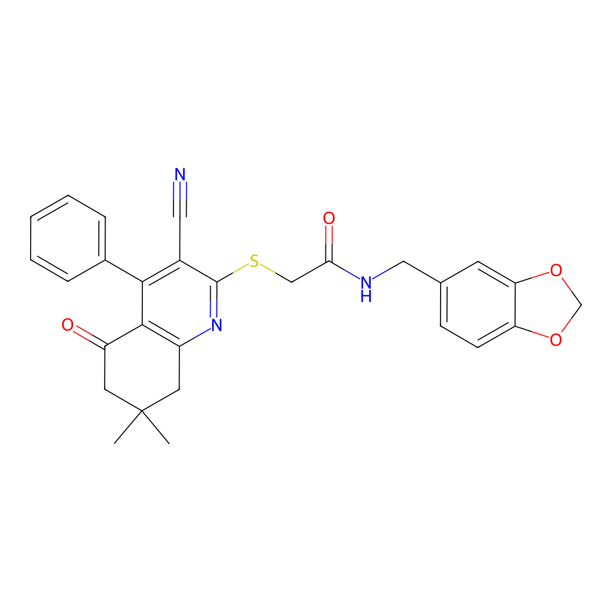 N-(1,3-benzodioxol-5-ylmethyl)-2-[(3-cyano-7,7-dimethyl-5-oxo-4-phenyl-6,8-dihydroquinolin-2-yl)sulfanyl]acetamide molecular structure, CAS 690962-05-1