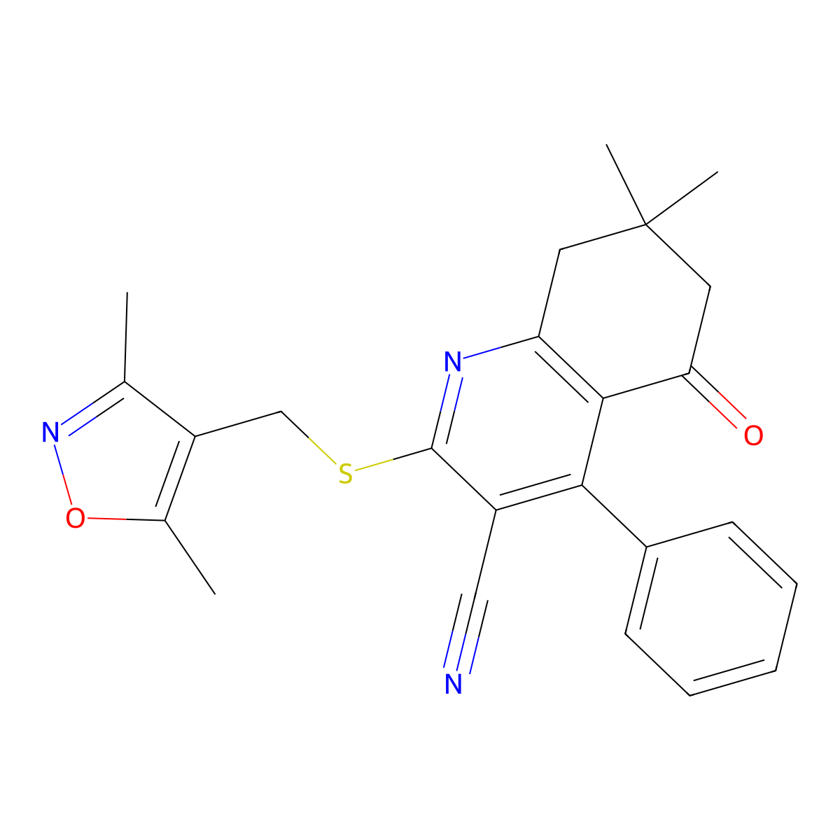 2-(((3,5-Dimethylisoxazol-4-yl)methyl)thio)-7,7-dimethyl-5-oxo-4-phenyl-5,6,7,8-tetrahydroquinoline-3-carbonitrile molecular structure, CAS 690962-12-0
