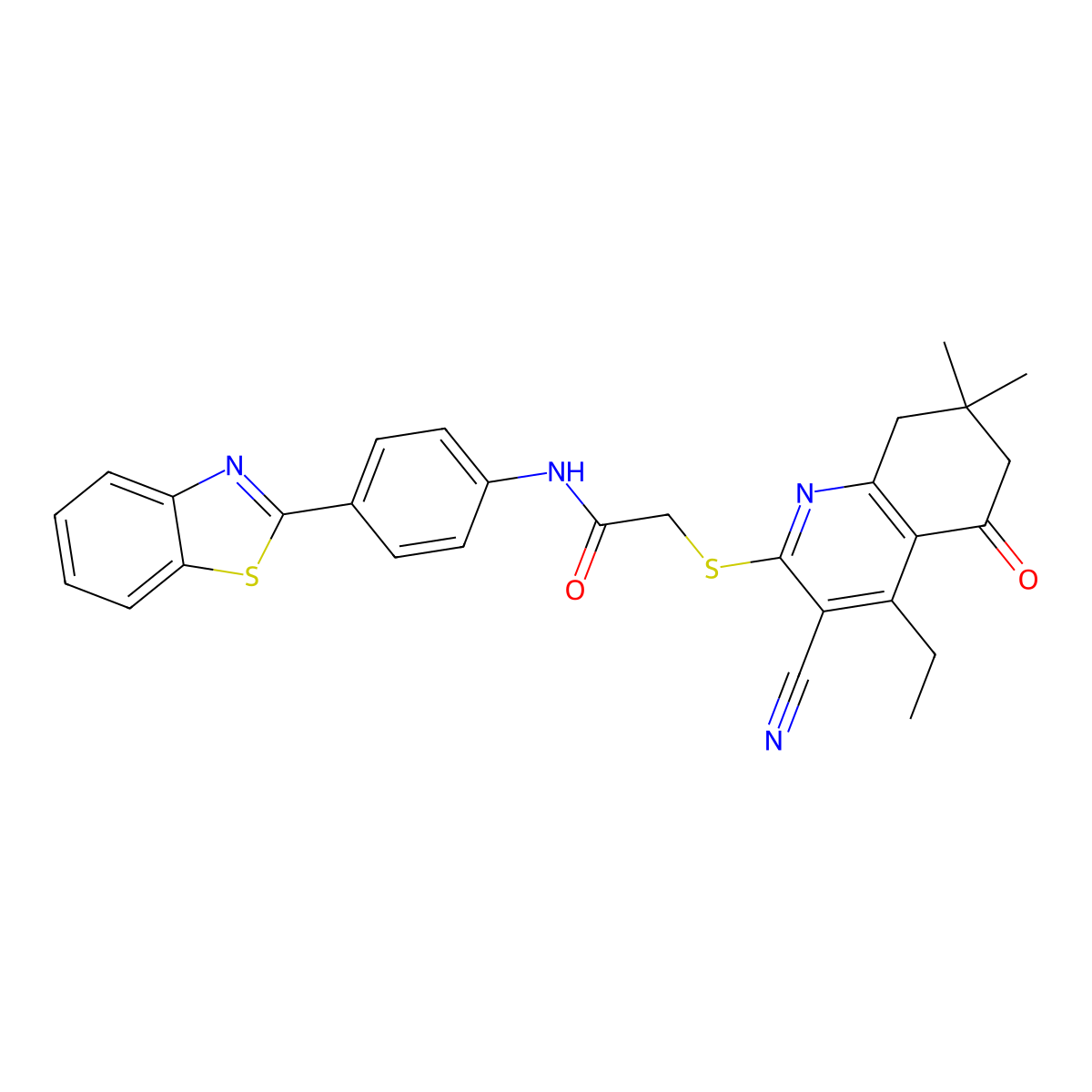 N-(4-(benzo[d]thiazol-2-yl)phenyl)-2-((3-cyano-4-ethyl-7,7-dimethyl-5-oxo-5,6,7,8-tetrahydroquinolin-2-yl)thio)acetamide molecular structure, CAS 690962-14-2