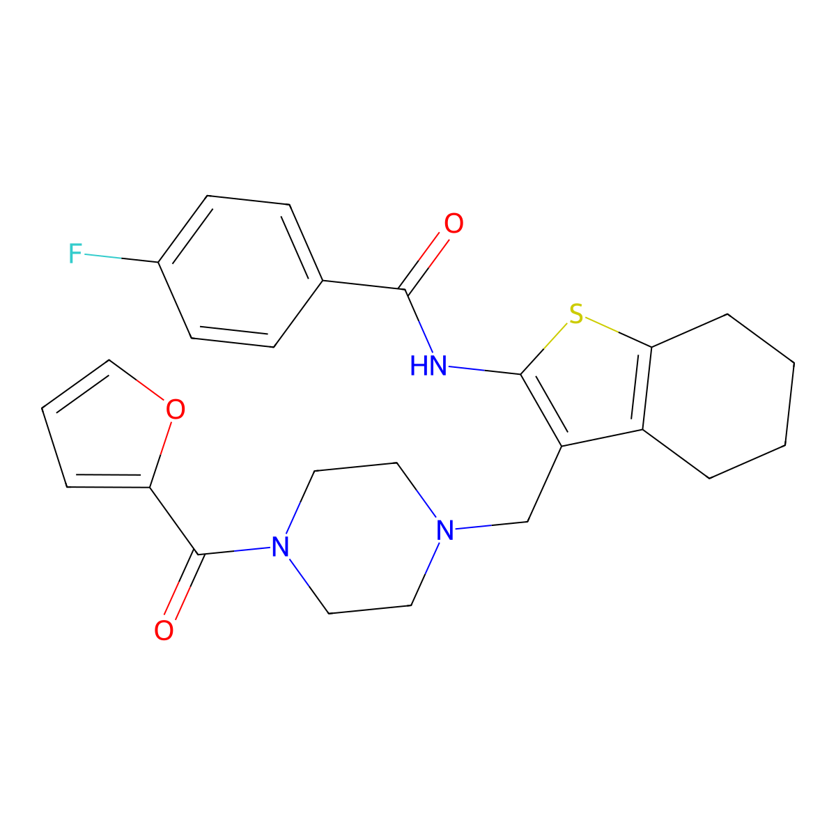 4-fluoro-N-(3-((4-(furan-2-carbonyl)piperazin-1-yl)methyl)-4,5,6,7-tetrahydrobenzo[b]thiophen-2-yl)benzamide molecular structure, CAS 690962-15-3